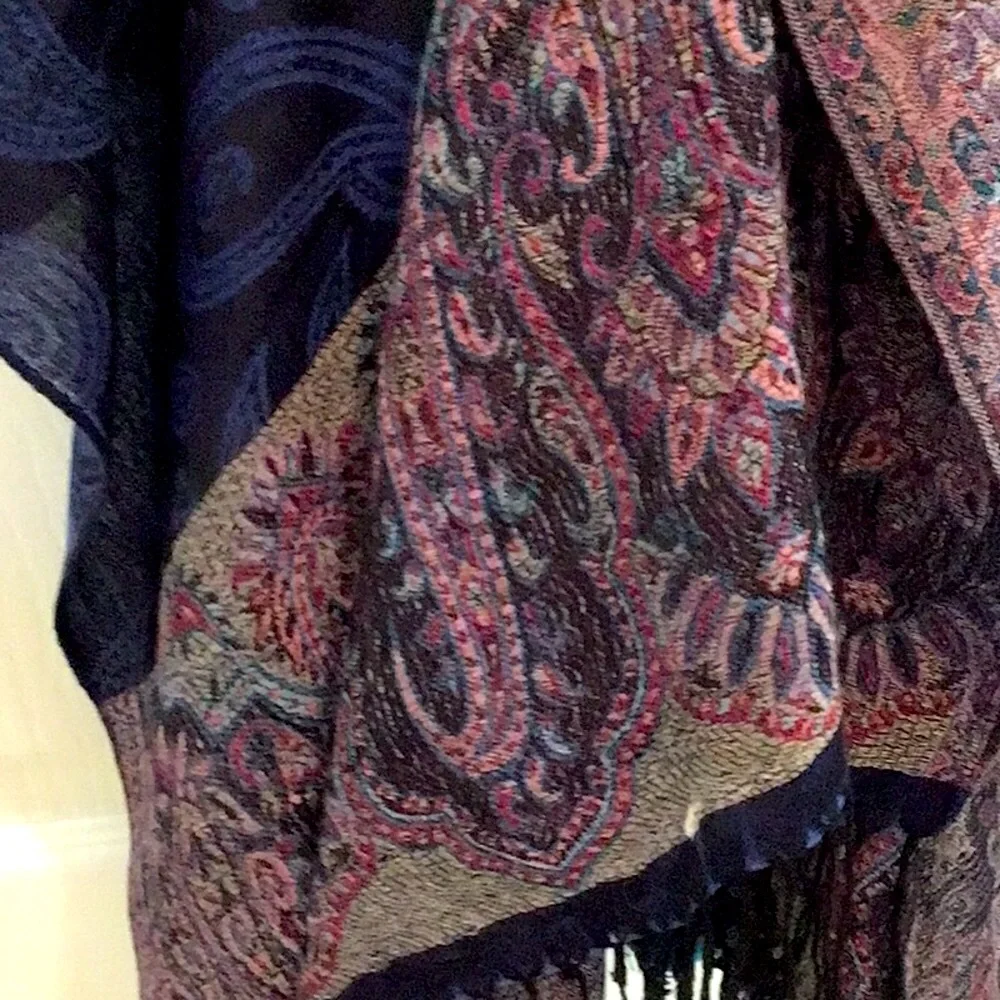 Richly decorated wrap indigo paisley w multi color fine edge detail.
